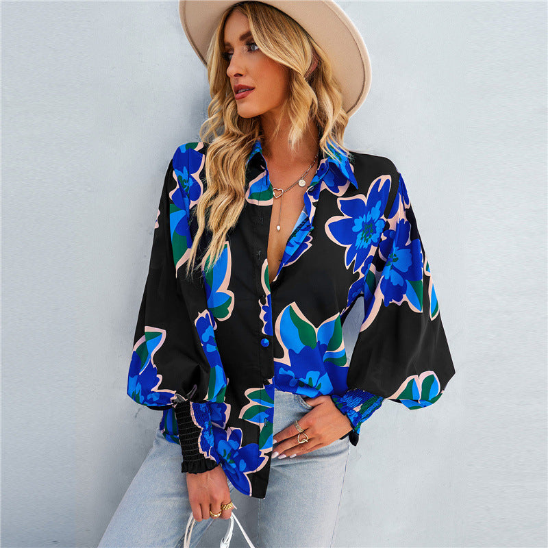 European and american hot2024eBay Amazon Spring Long-Sleeved Versatile Top Fashion Lantern Sleeve Women's Printed Wear Shirt