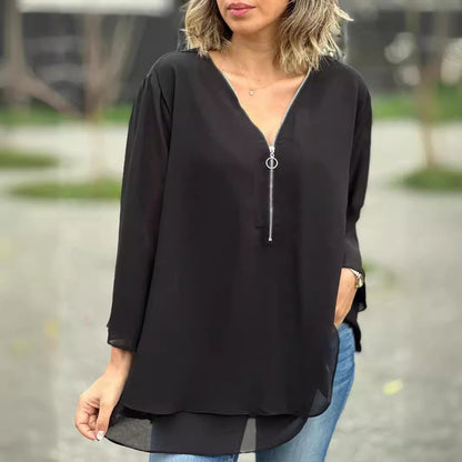 Womens V-Neck Lantern Sleeve Blouse Zipper Design Loose Casual Top Shirts
