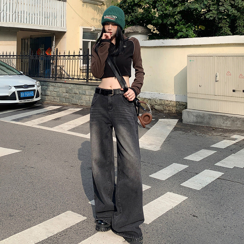 American Style Retro Wide-Leg Pants Autumn 2024 Black Gray Loose Drooping Mopping High Waist Straight Jeans Women's High Street