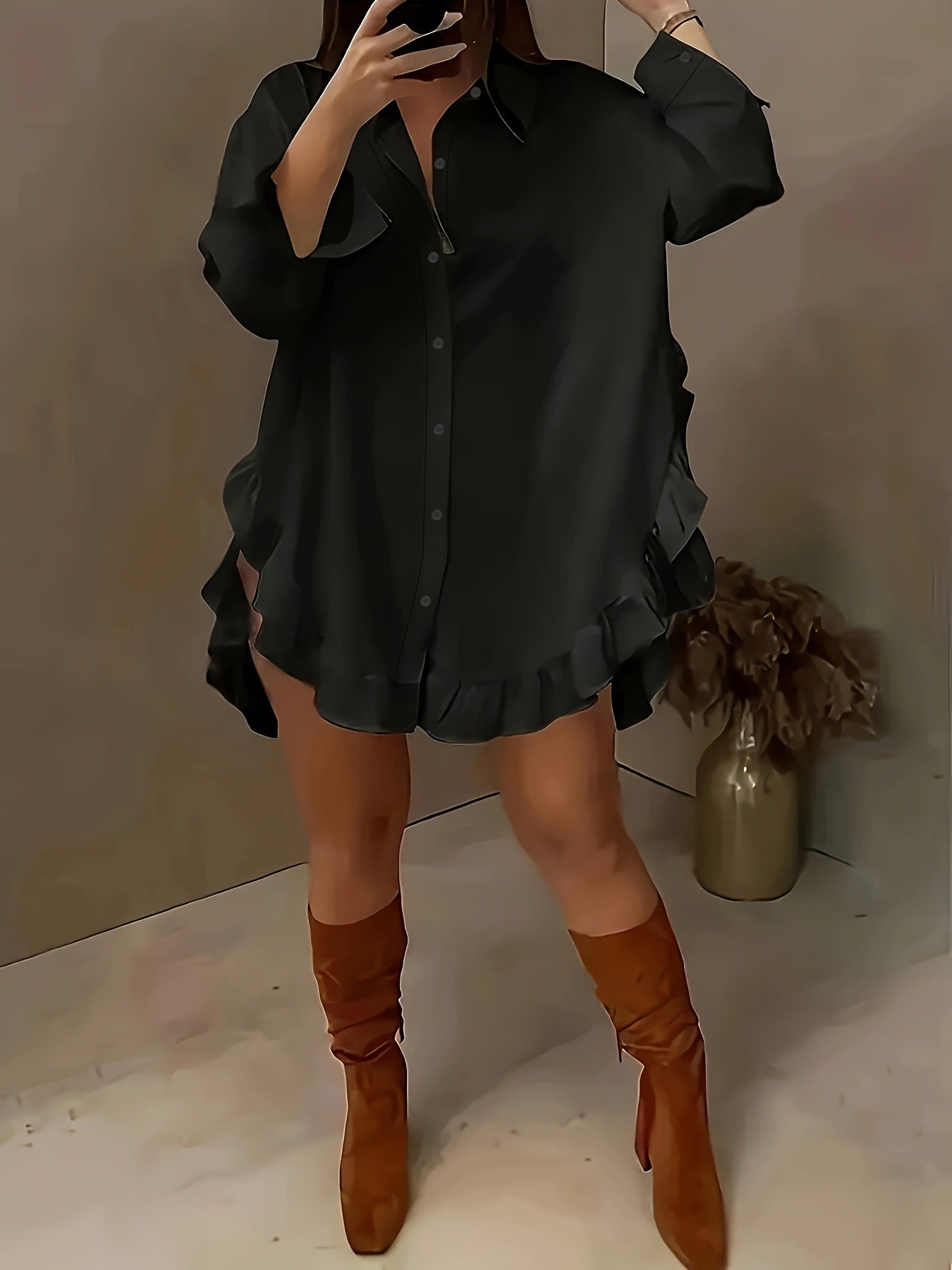 Women's Plain Ruffle Trim Button Front Blouse, Casual Fit Longsleeves Collared Top for Daily Wear, Ladies Clothes for All Seasons, Feminine - Seldom Seen Styles