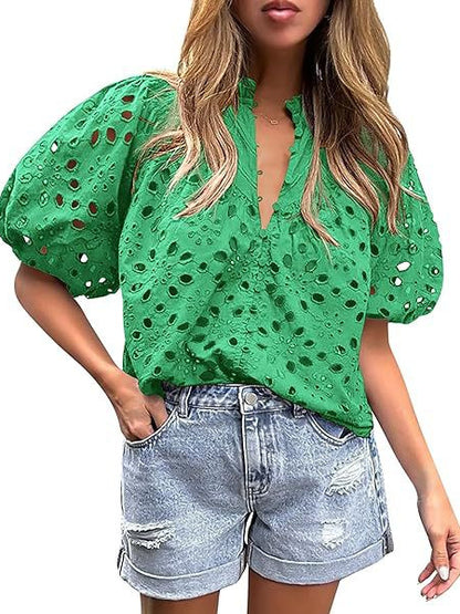 PRETTYGARDEN Women's Summer Tops Dressy Casual Short Lantern Sleeve V Neck Buttons Hollow Out Lace Embroidered Blouses Shirts