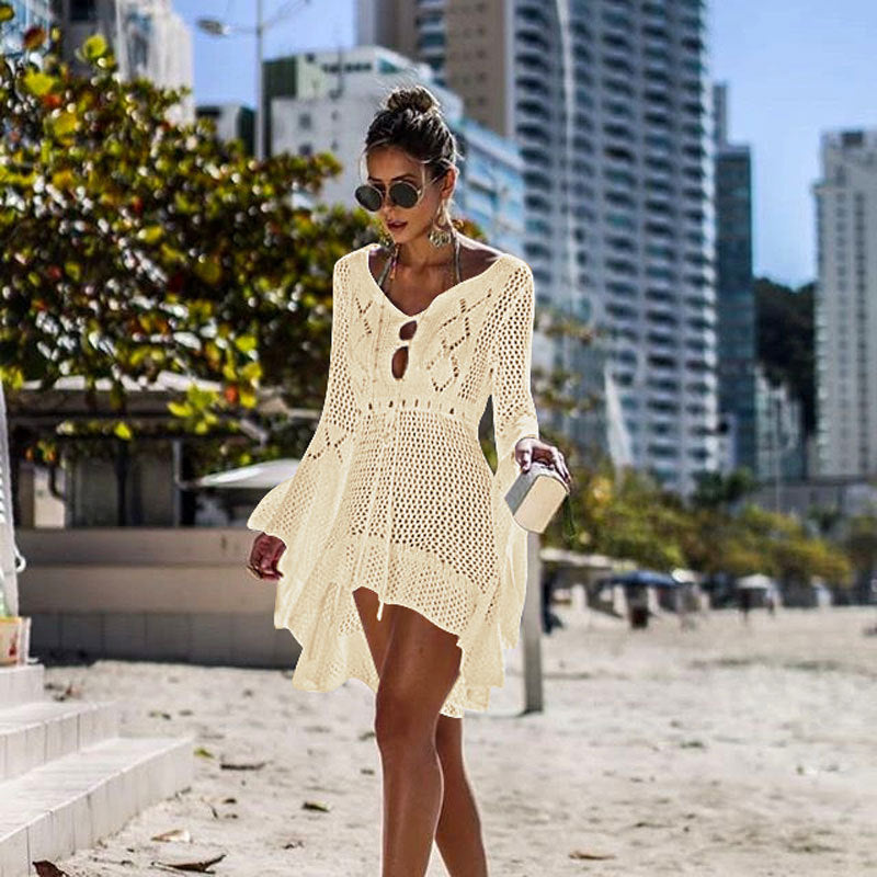 Hollow-out Sun Protection Shirt Bell Sleeve Beach Cover-up Bikini Cover  Hot Knitwear Swimsuit