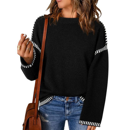 Sweaters for Women Fashion Solid Crewneck Loose Fit Long Sleeve Contrast Cable Knit Pullover Sweater Jumper Tops Knitwear Womenswear Knitwear Womenswear