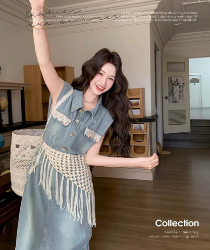 Women's Light Blue Washed Denim Sleeveless Lapel Collar Pearl Button Maxi Dress Lace Floral Chest Pockets Elastic Waist with Free Woven Tassel Waist Accessory S M L XL