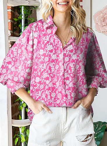 Astylish Women 2024 Loose V-Neck Shirts Paisley Print Lantern Sleeve Blouse Tops