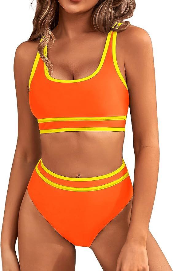 Women's High Waisted Bikini Sets Sporty Two Piece Swimsuits Color Block Cheeky High Cut Bathing Suits - Seldom Seen Styles