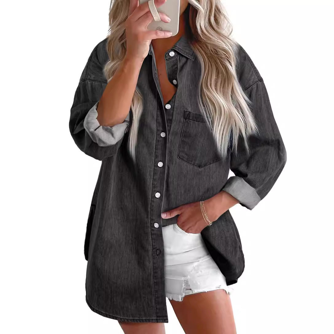 Astylish Dam 2024 jeansskjortor Button Down blus Långärmad V-ringad Casual Topp 