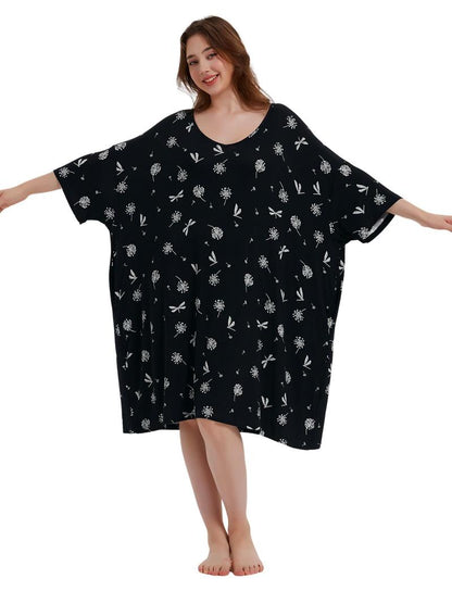 Plus Size Nightgown for Women V-Neck Sleep  Dress Pjs Lounge Short Sleeves Sleepwear With Pocket Fit S-5XL Pajamas Elastic Loungewear Breathable Fabric
