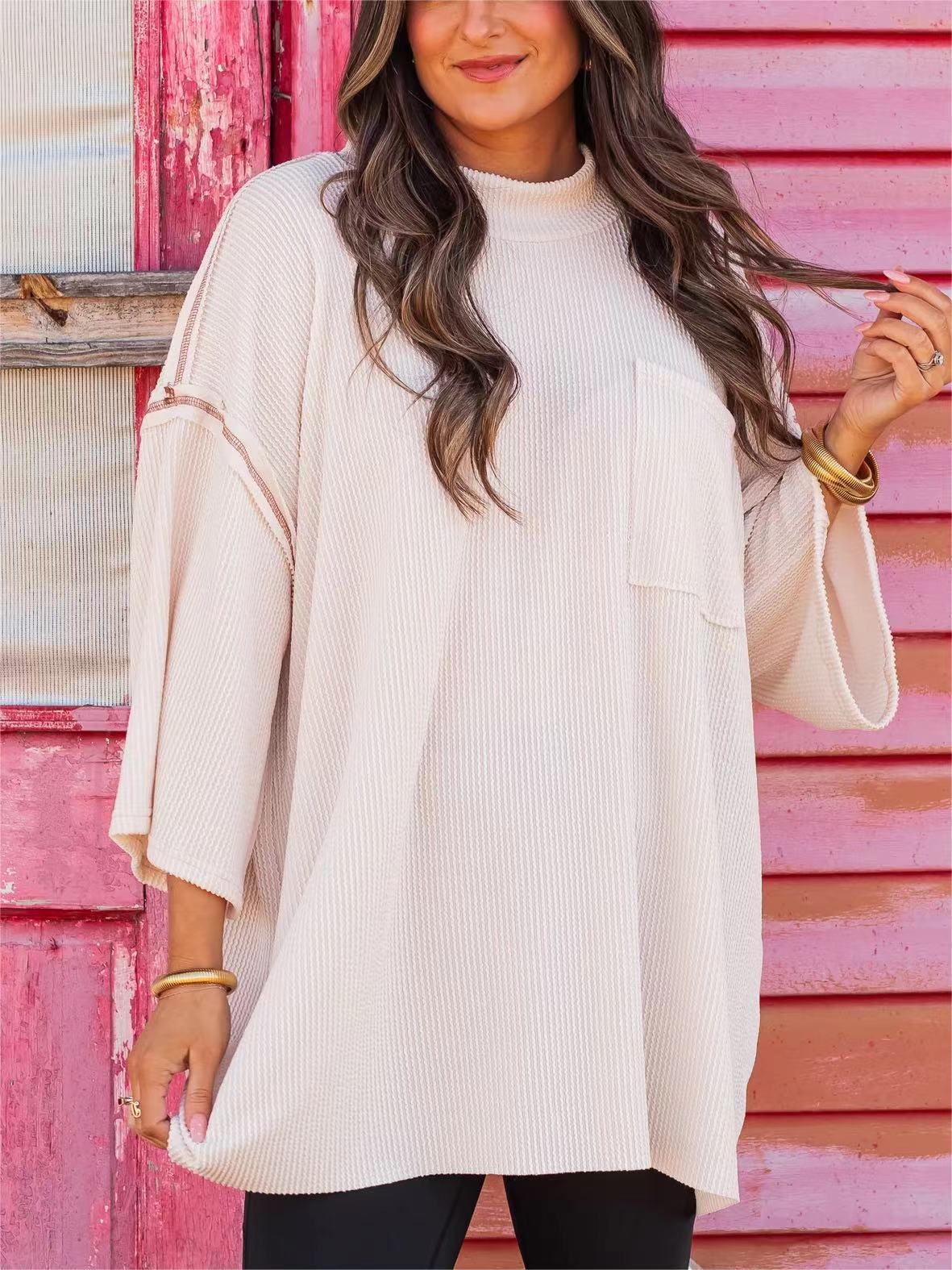 Spring Sunken Stripe Loose Casual Long Sleeves  T-shirt