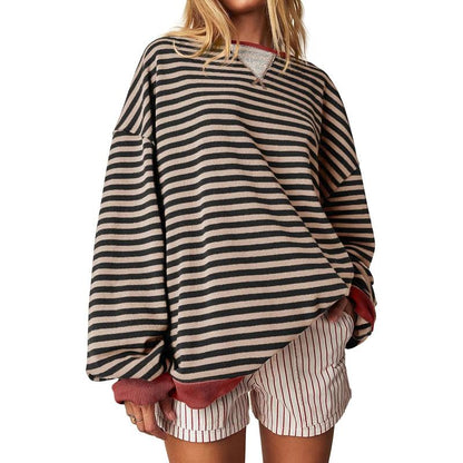 【Up To 3XL】Fisace Christmas Womenswear Striped Oversized Sweatshirt Color Block Crew Neck Long Sleeve Shirt Casual Loose Pullover Top Y2K Clothes back to school