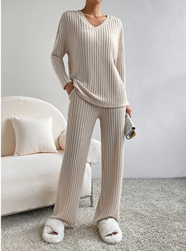 V Collar  Stripe Knitted Suit Two-Piece Set for Women2024Autumn New Fashion Casual Straight-Leg Pants Loose Temperament