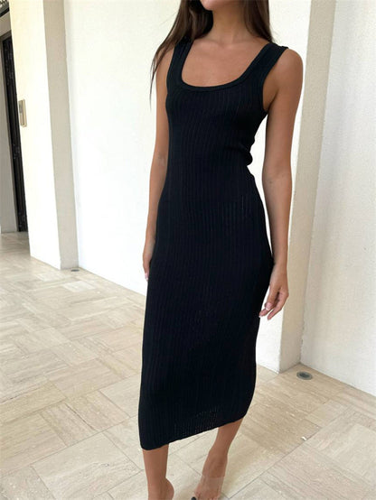 Sunken Stripe Tight Square Collar Dress Sleeveless Tight-Fitting Solid Color 2024 Summer Sexy Mid-Length European and American Knitted Dress