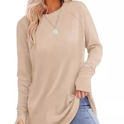 Womens Tunic Tops to Wear with Leggings Long Sleeve Thumb Hole Shirts Crew Neck Curved Hem - Seldom Seen Styles