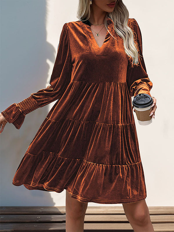 A-Line Long Sleeves Pleated Solid Color Velvet V-Neck Mini Dresses - Seldom Seen Styles