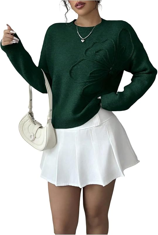 Women's 3D Floral Appliques Crewneck Sweaters Long Sleeve Drop Shoulder Pullovers Elegant Knit Tops - Seldom Seen Styles