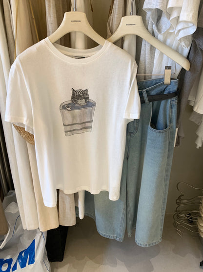 Vintage Katzen-T-Shirt mit Grafik – Süßer Kätzchen-Print, lockere Passform, lässiger Stil im Korea-Look