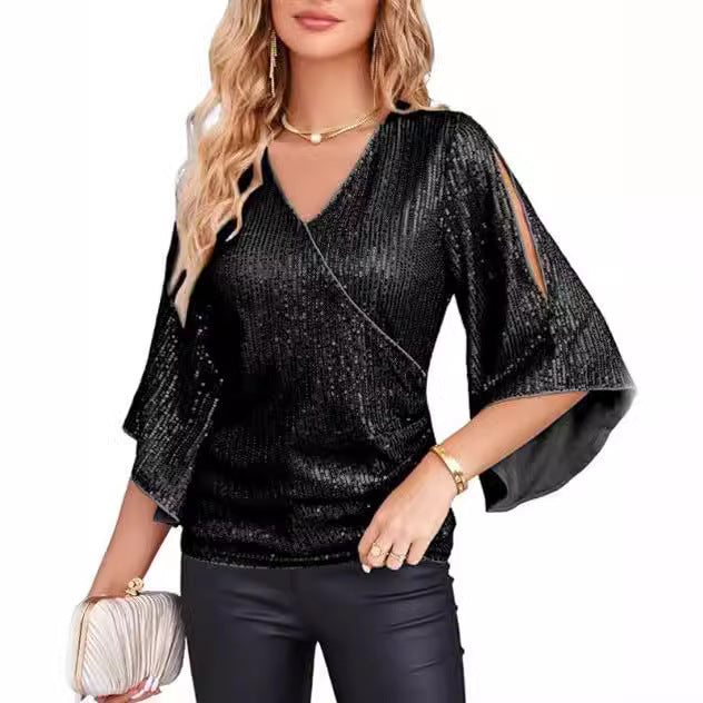 Womens Sequin Tops 3/4 Sleeve Glitter Sparkly Party Blouse V-Neck Dressy Tops for Evening Party