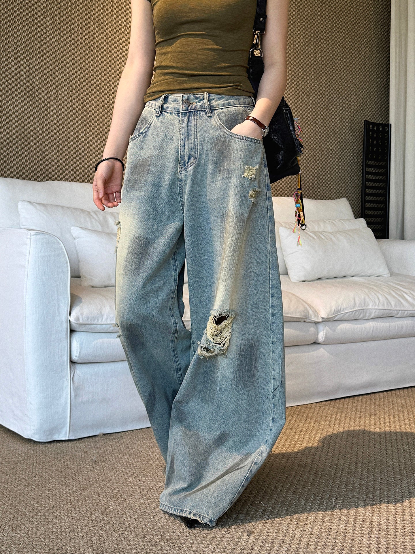 Women's Ripped Wide Leg Baggy Jeans High Waist Distressed Denim Pants Street Style Y2K Casual