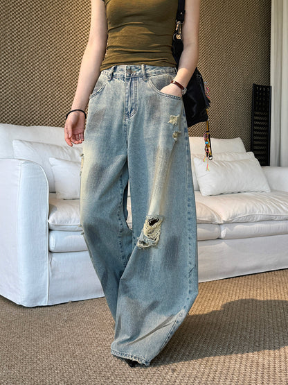 Women's Ripped Wide Leg Baggy Jeans High Waist Distressed Denim Pants Street Style Y2K Casual