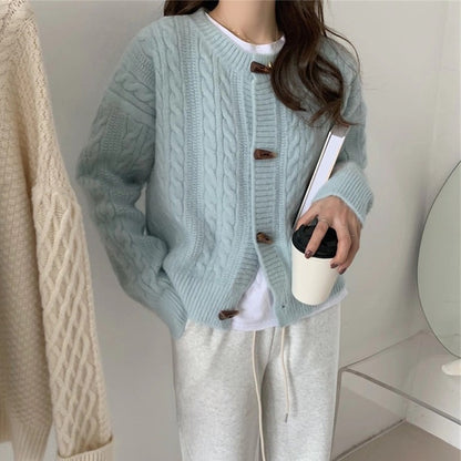 Japanese Style Horn Button Short Cable-Knit Sweater Women's Autumn and Winter New Knitted Cardigan Coat round Neck Solid Color Sweater for Women