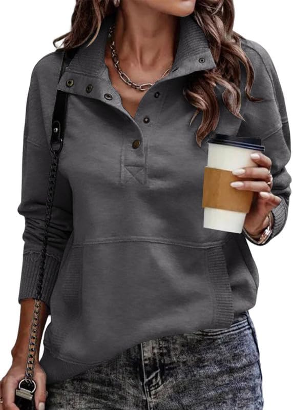 Womens Sweatshirt Casual Long Sleeve Lightweight Sweatshirts Button Loose Pullover Tops