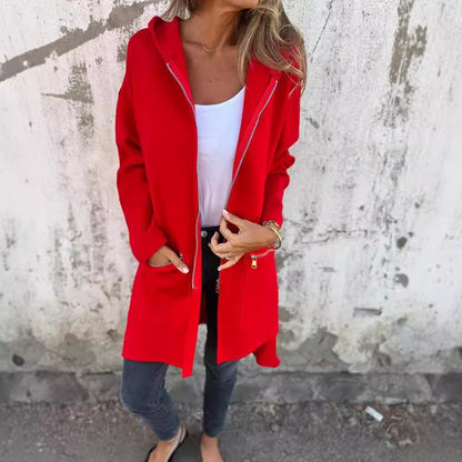 Fall And Winter Women'S Long-Sleeved Hooded Loose Fashion Casual Mid-Length Cardigan Jacket Female