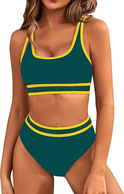 Women's High Waisted Bikini Sets Sporty Two Piece Swimsuits Color Block Cheeky High Cut Bathing Suits - Seldom Seen Styles