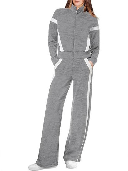 Women's 2 Piece Lounge Outfits Zip Up Sweat Set Contrast Striped Wide Leg Jogging Pants Travel Track Suit