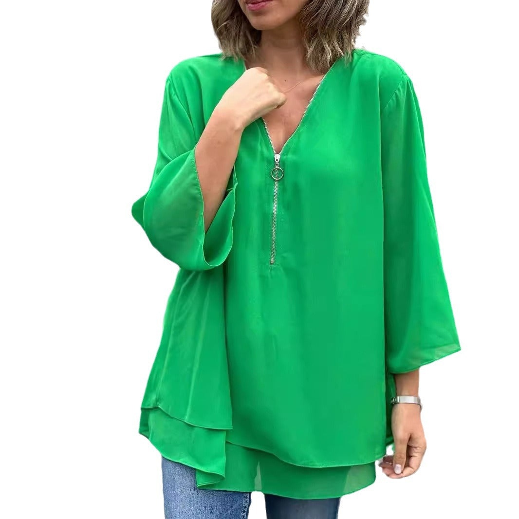 Womens V-Neck Lantern Sleeve Blouse Zipper Design Loose Casual Top Shirts - Seldom Seen Styles