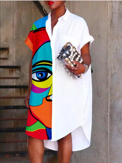 Women's Pop Art Print Shortsleeve Button Front Shirt Dress, Comfort Collared Roll Up Sleeve Midi Dress, Summer Dresses 2024, Fashion Lady Dress for Daily Casual Wear, Holiday Outfits 2024, Womenswear