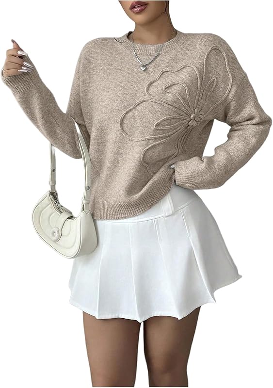 Women's 3D Floral Appliques Crewneck Sweaters Long Sleeve Drop Shoulder Pullovers Elegant Knit Tops - Seldom Seen Styles