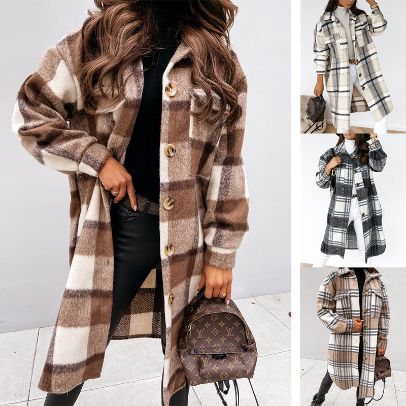 European and american hot2023ebay Amazon Winter New Women's Clothing Fashion Plaid Single-Breasted Coarse Wool Coat