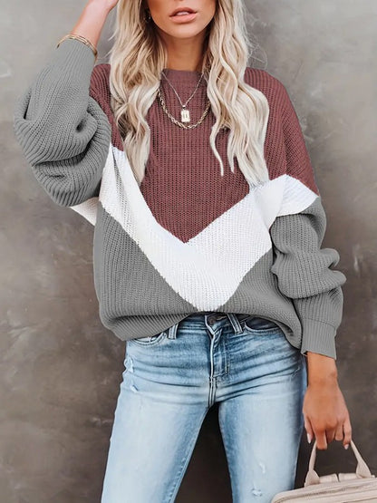 Europe and America Cross Border Foreign Trade Women's Knitting Sweater Spring and Autumn Fashion Color Contrast Pullover Crew Neck Top Amazon Top