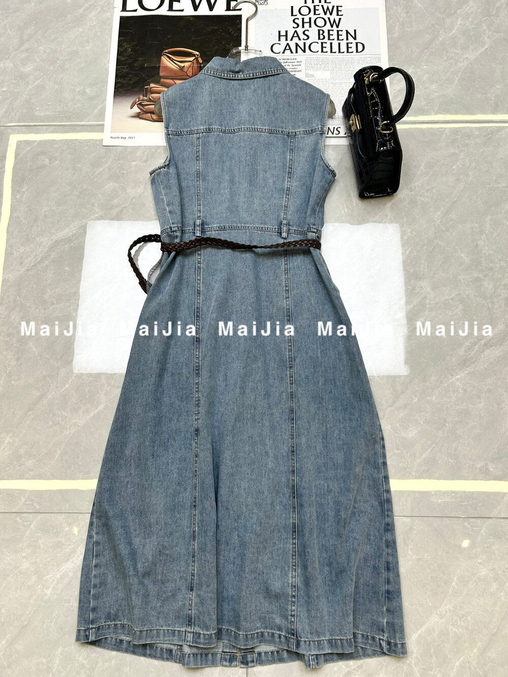 Women's Light Blue Denim Sleeveless A-Line Midi Dress Gold Button Dual Chest Pockets with Free Braided Belt S M L XL - Seldom Seen Styles