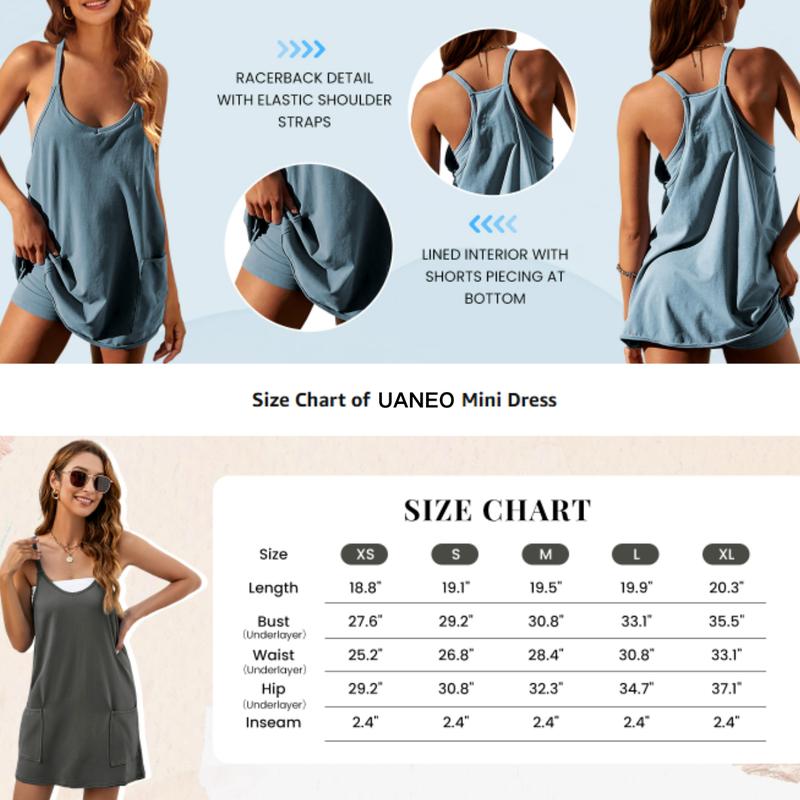 Women's Summer Sleeveless Mini Dress V Neck Spaghetti Straps Athletic Built-in Shorts Sundress