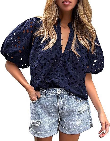 PRETTYGARDEN Women's Summer Tops Dressy Casual Short Lantern Sleeve V Neck Buttons Hollow Out Lace Embroidered Blouses Shirts