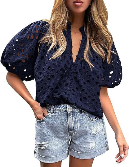 PRETTYGARDEN Women's Summer Tops Dressy Casual Short Lantern Sleeve V Neck Buttons Hollow Out Lace Embroidered Blouses Shirts