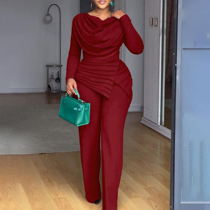 Cowl Neck Asymmetrical Patchwork Ruched Jumpsuit Casual Cinched Waist Zipper Back Straight Leg Jumpsuit