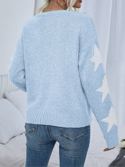 Fashion Solid Color Five-Pointed Star Sweater Crew Neck Pullover Autumn Winter Women's Knitwear