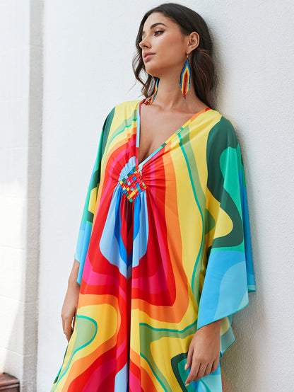 [Plus Size] Butterfly/feather Print Ruched Split Hem Tunic Dress, Valentine's Day Elegant Batwing Sleeve V Neck Long Dress for Summer, Casual Womenswear, Gift, Homecoming Dresses, Women's Clothes for Beach Holiday Vacation, Moo Moo Dresses