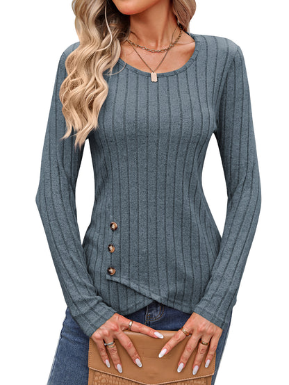 Sweaters for Women Fashion Long Sleeve Tops Button Pullover Crew Neck Casual Loose Slit Sweatshirt