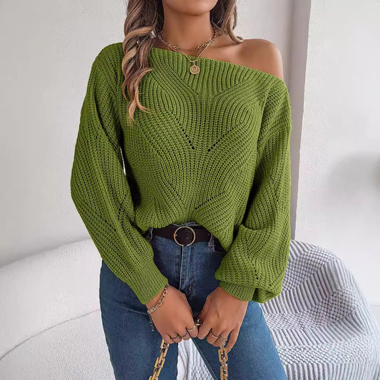 Real Shot2024Autumn and Winter Leisure Hollow-out off-Neck off-the-Shoulder Lantern Sleeve Sweater Independent Site Cross-Border European and American Women's Clothing