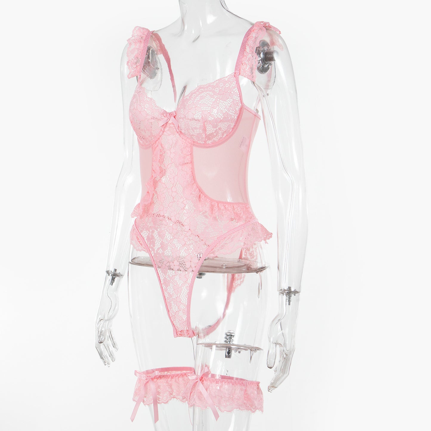 Women Sexy Lingerie Bodysuit Floral Lace Teddy Babydoll Snap Crotch Ruffle One Piece with Thigh Bands