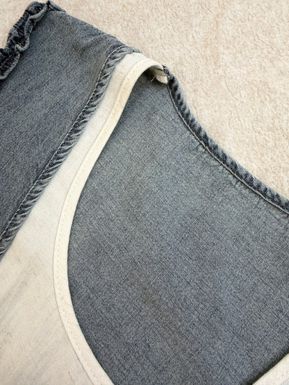 Women's Denim Fake Two-Piece Sleeveless U-Neck A-Line Midi Dress Ruffle Shoulder Detail with Free Mini Bag Dark Navy Blue Grey One Size