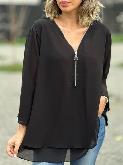 Womens V-Neck Lantern Sleeve Blouse Zipper Design Loose Casual Top Shirts