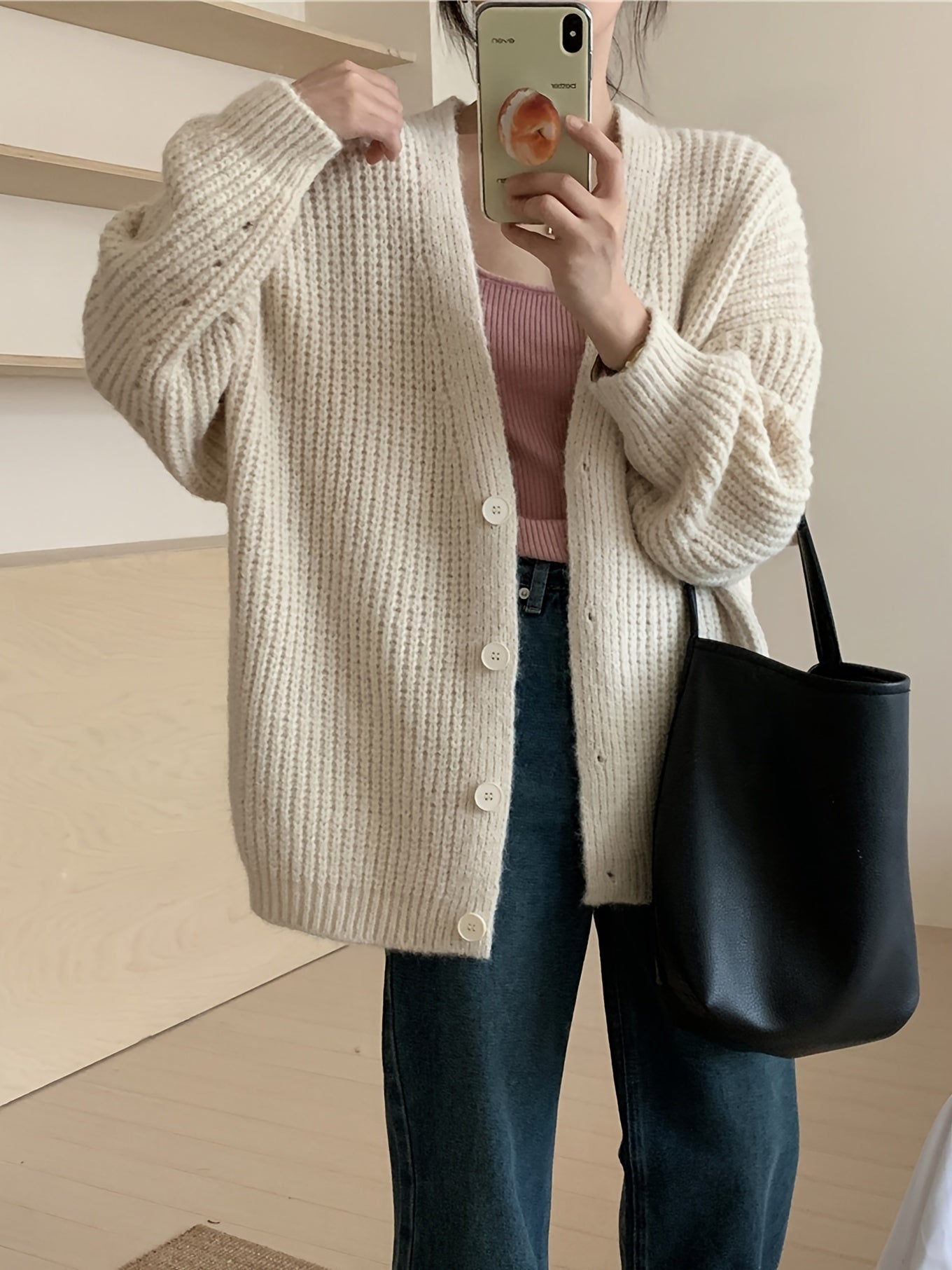 Drop Shoulder Button Front Cardigan, Casual V-ringad långärmad cardigan för höst och vinter, damkläder