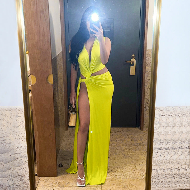 split dress long maxi bodycon gown low cut maxi dress Solid Color Sexy Deep V Cutout Slit Slim Fit Long Dress