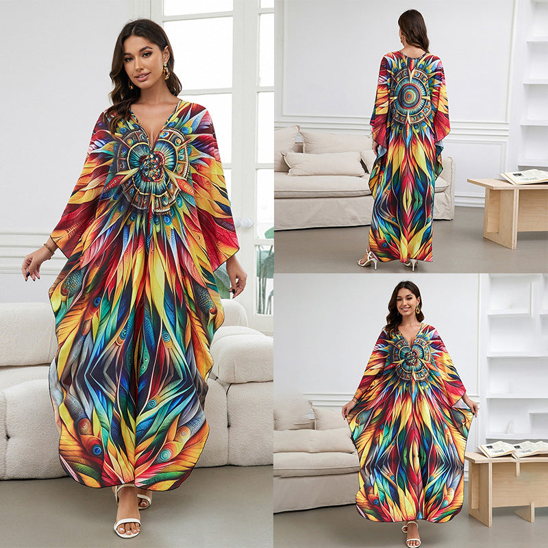 [Plus Size] Butterfly/feather Print Ruched Split Hem Tunic Dress, Valentine's Day Elegant Batwing Sleeve V Neck Long Dress for Summer, Casual Womenswear, Gift, Homecoming Dresses, Women's Clothes for Beach Holiday Vacation, Moo Moo Dresses
