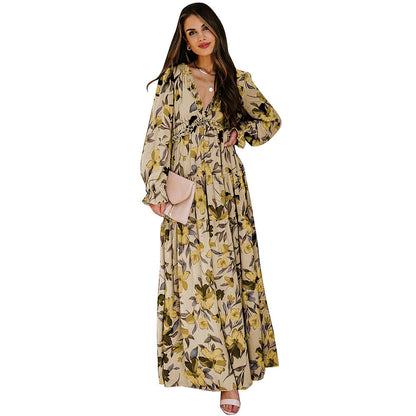 European and American Fashion V Collar Tulle Floral Print Long Sleeve Dress Women Autumn New Loose Casual Chiffon Dress for Women