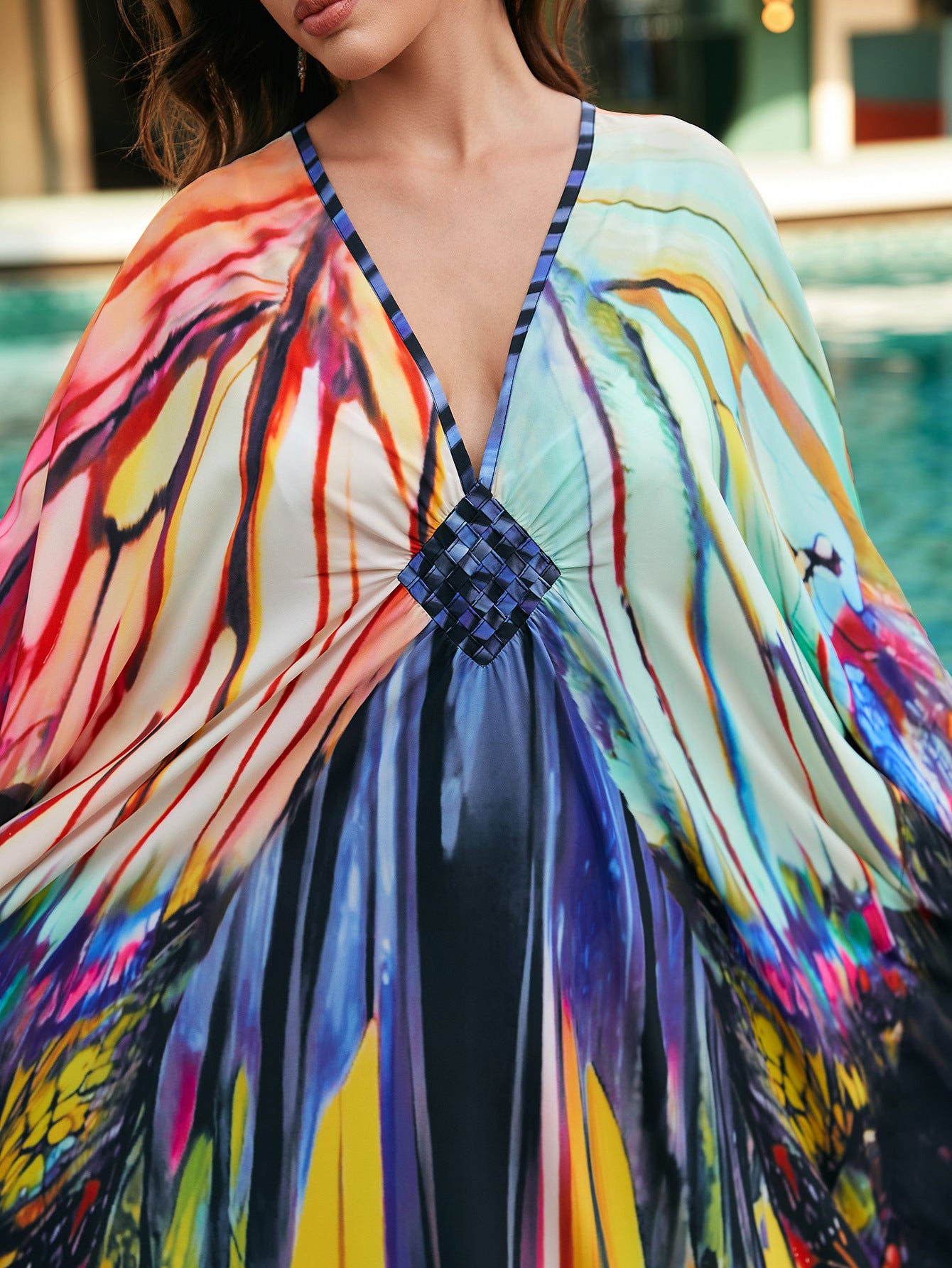 [Plus Size] Butterfly/feather Print Ruched Split Hem Tunic Dress, Valentine's Day Elegant Batwing Sleeve V Neck Long Dress for Summer, Casual Womenswear, Gift, Homecoming Dresses, Women's Clothes for Beach Holiday Vacation, Moo Moo Dresses